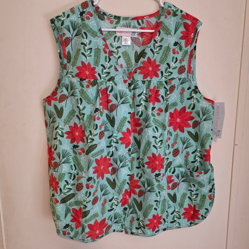 Moon Dance Womens Smock Size 1X Teal Poinsettia Holiday Snap Front Pockets